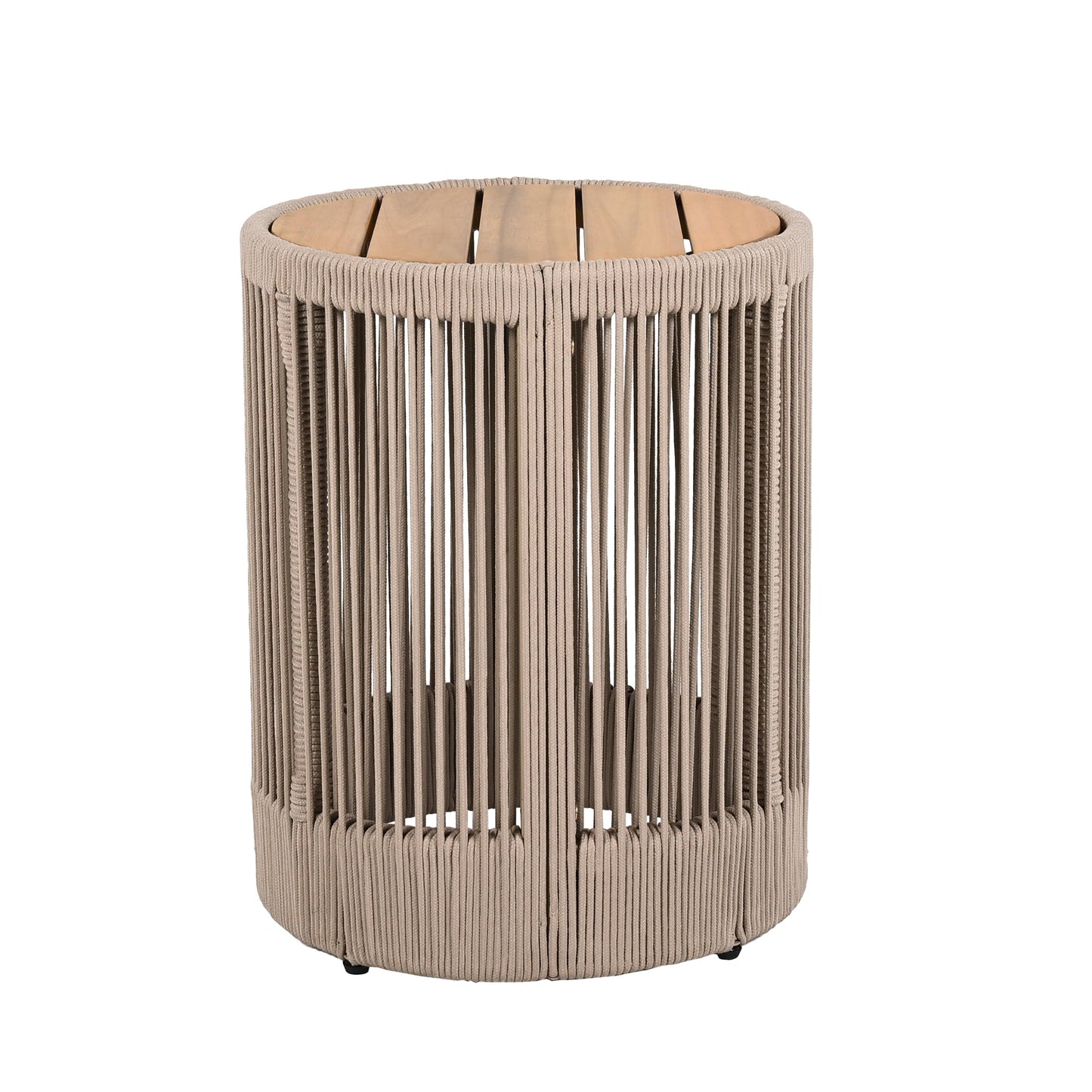 Outdoor Rattan Rope & Acacia Wood Side Table - Patio Balcony Furniture for Garden, Yard, Balcony - Weather Resistant(Rope Beige, Natural Iron)