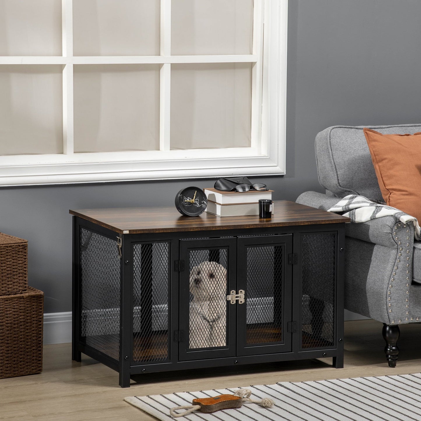 Noaman Furniture Style Dog Crate with Openable Top, 35.5" L x 19.8" W x 22" H, End Table Pet Kennel for Small Dogs Indoor, Spacious Interior, Brown