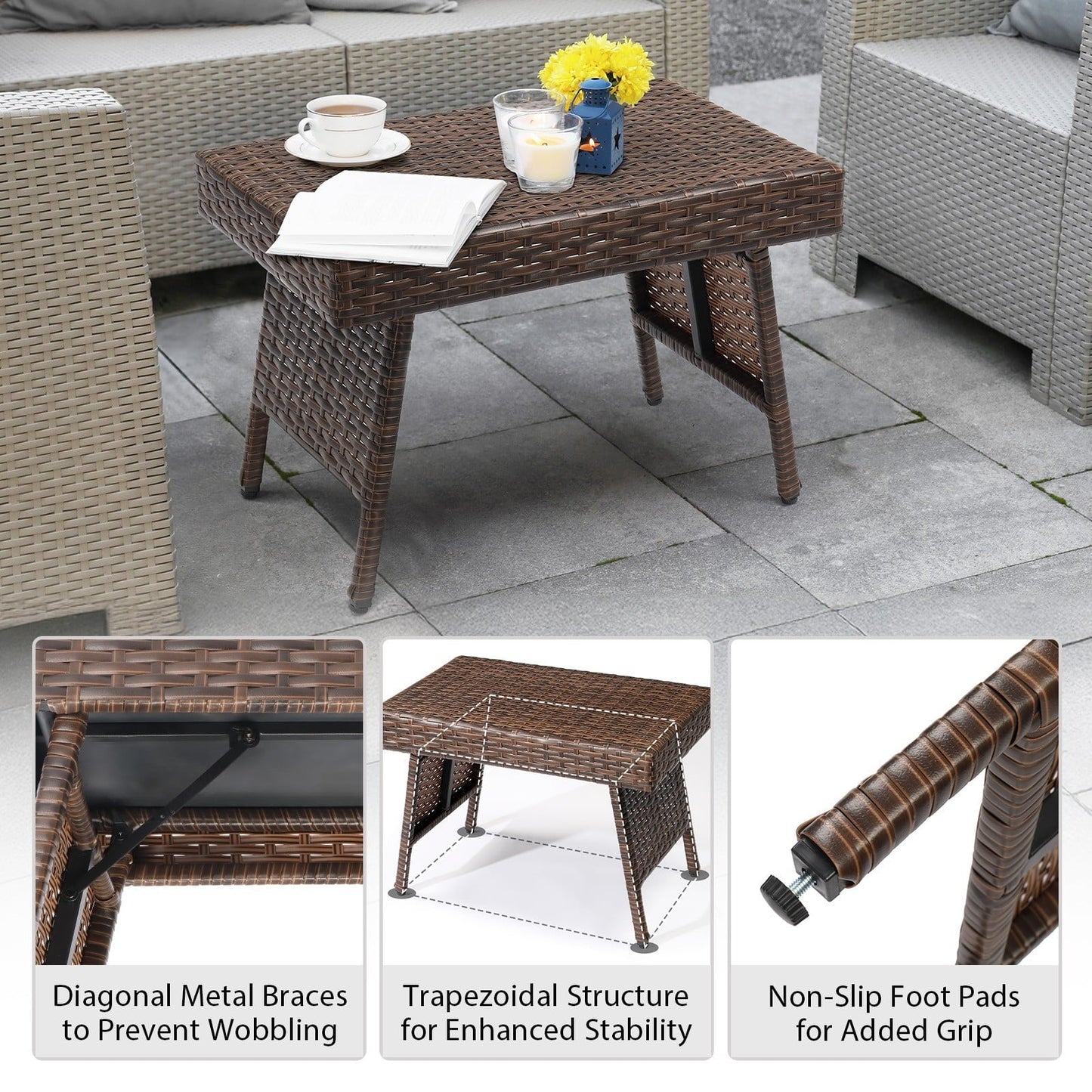 PORJGV Portable Indoor/Outdoor Folding Rattan Side Wicker Coffee Table with PE Wicker & High-Duty Steel Frame, Brown