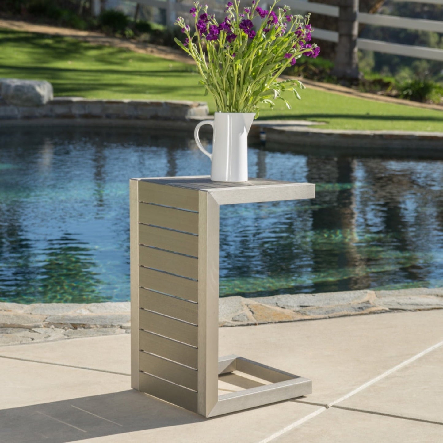 Silver C-shape Patio Side Table For Chairs, Aluminum Outdoor End Table
