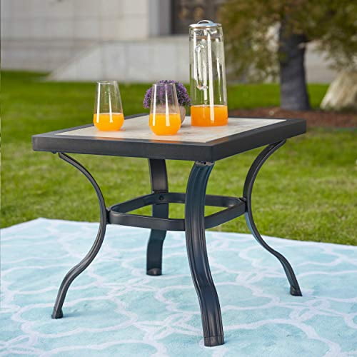 LOKATSE Home 21" Outdoor Square Patio Bistro End Table Metal Steel Legs with Ceramics Top, Black