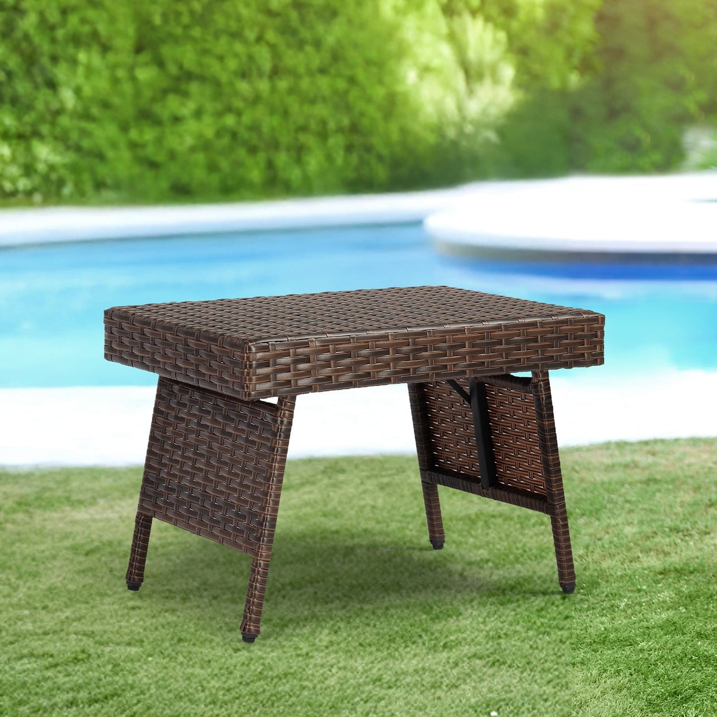 PORJGV Portable Indoor/Outdoor Folding Rattan Side Wicker Coffee Table with PE Wicker & High-Duty Steel Frame, Brown