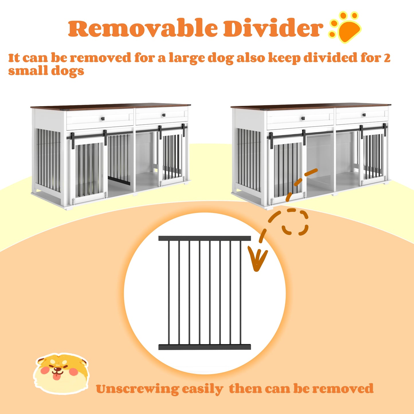YIYADO Dog Crate Furniture for Two Dogs, 63" Double Wooden Dog Kennel with Divider, Drawers & Sliding Doors, Indoor Rustic Dog Crate Cabinet