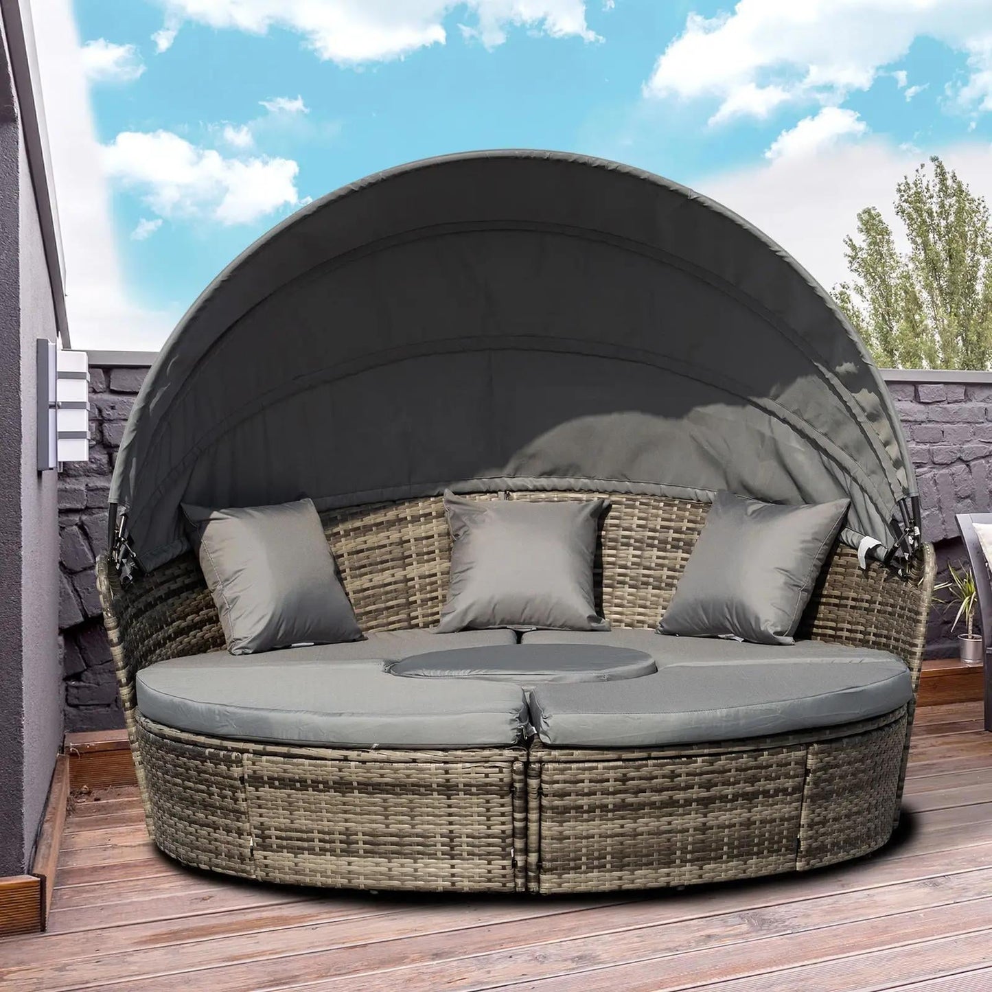 Resenkos 4-Piece Round Convertible Daybed with Cushions, Outdoor Sectional Furniture, PE Rattan, Gray