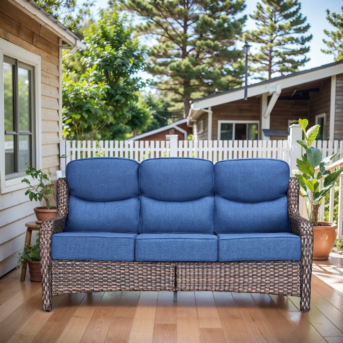 OPOHORO 71" Wide Brown Wicker Patio 3-Seat Couch, Weather Resistant Rattan Outdoor Furniture Sofa with Deep Seat for Patio Backyard Porch, Blue Cushion