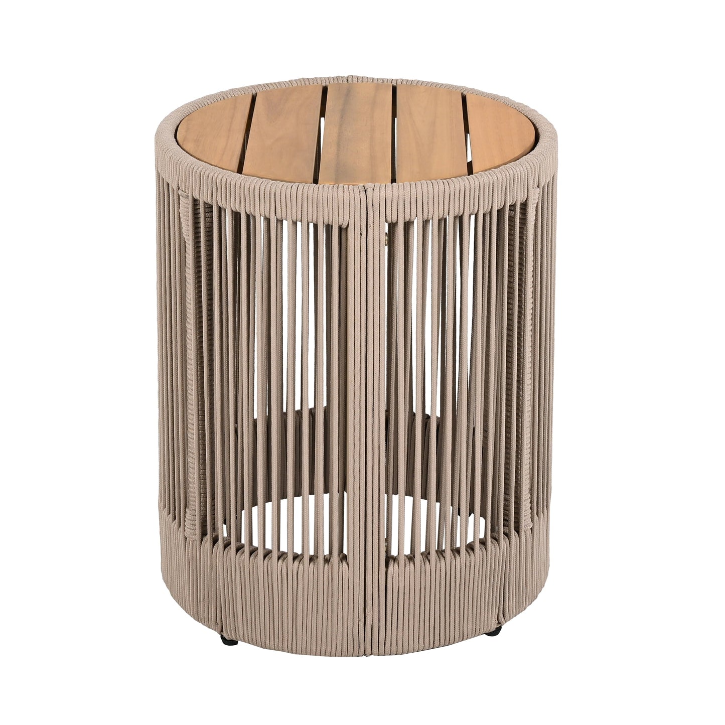 Outdoor Rattan Rope & Acacia Wood Side Table - Patio Balcony Furniture for Garden, Yard, Balcony - Weather Resistant(Rope Beige, Natural Iron)