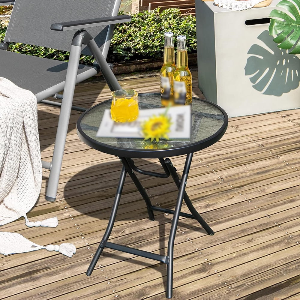 Outdoor Side Table, Folding Small Patio Table, Round Outdoor End Table with Tempered Glass Tabletop, Steel Frame, Footpads for Lawn, Balcony, Garden, Poolside,