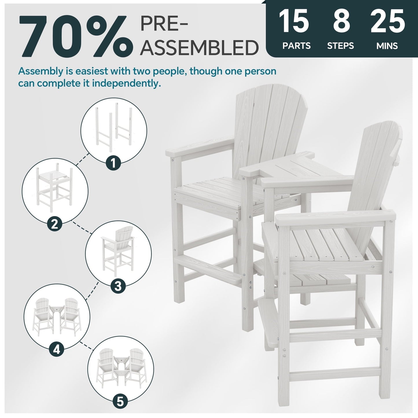 SERWALL Tall Adirondack Chairs Set of 2 with Double Layer Connecting Tray, HDPE Bar Height Outdoor Chairs, for Patio, Balcony, Porch, Pool, White