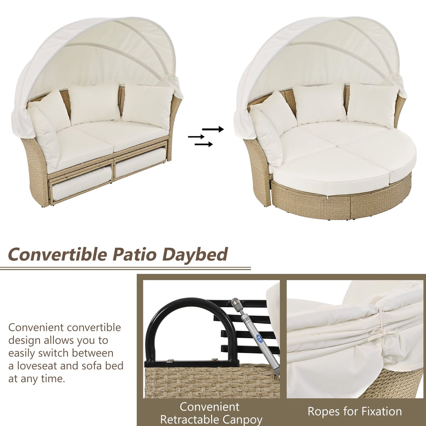 Outdoor Rattan Double Daybed with Retractable Shade, 4 Pillows Included for Lawn, Garden, or Poolside, Beige