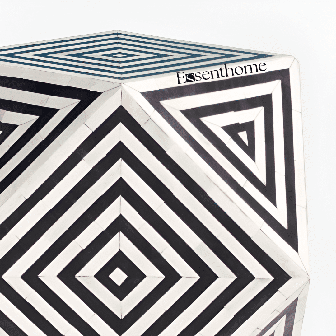 Abstract Pattern Bone Inlay End Table – Compact Resin Accent Table – Handcrafted Side Table for Living Room or Bedroom