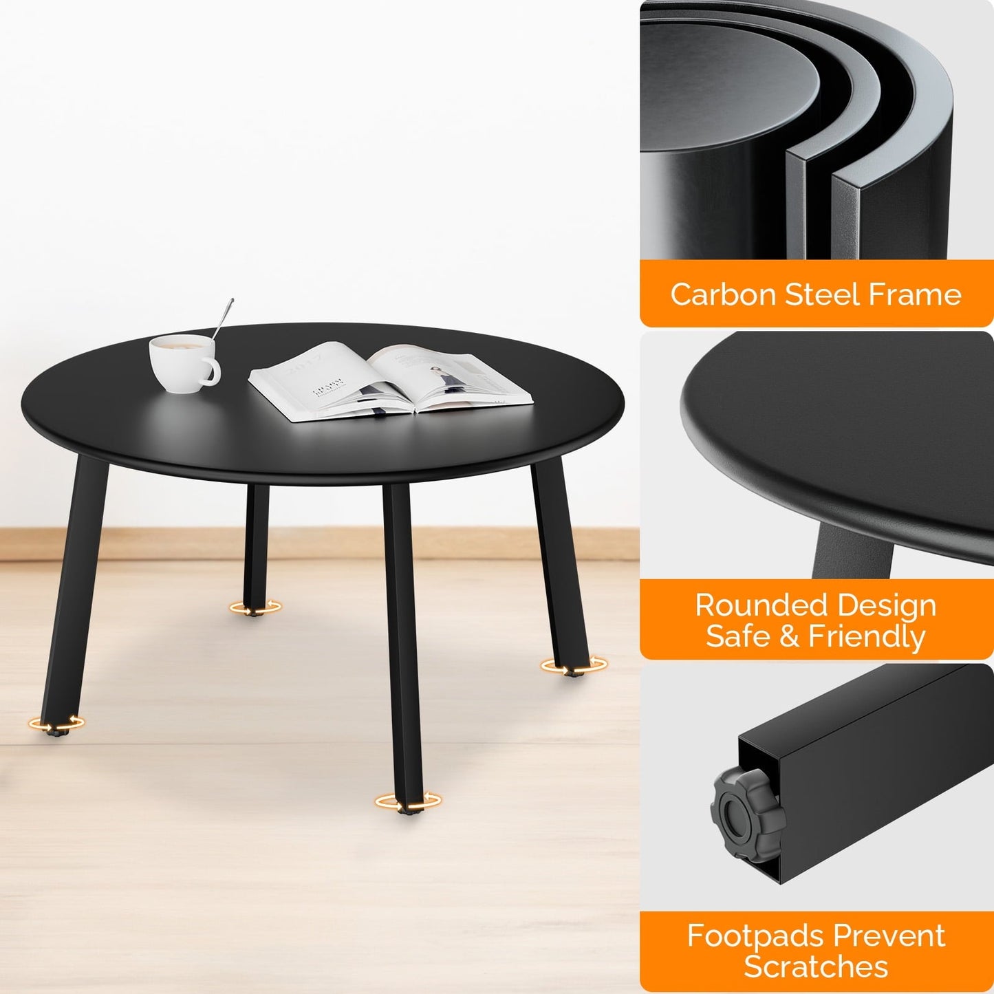 XIlee Patio Coffee Table, 28" Metal Steel Outdoor Round Table Outdoor Side Coffee Table for Outside Patio, Black