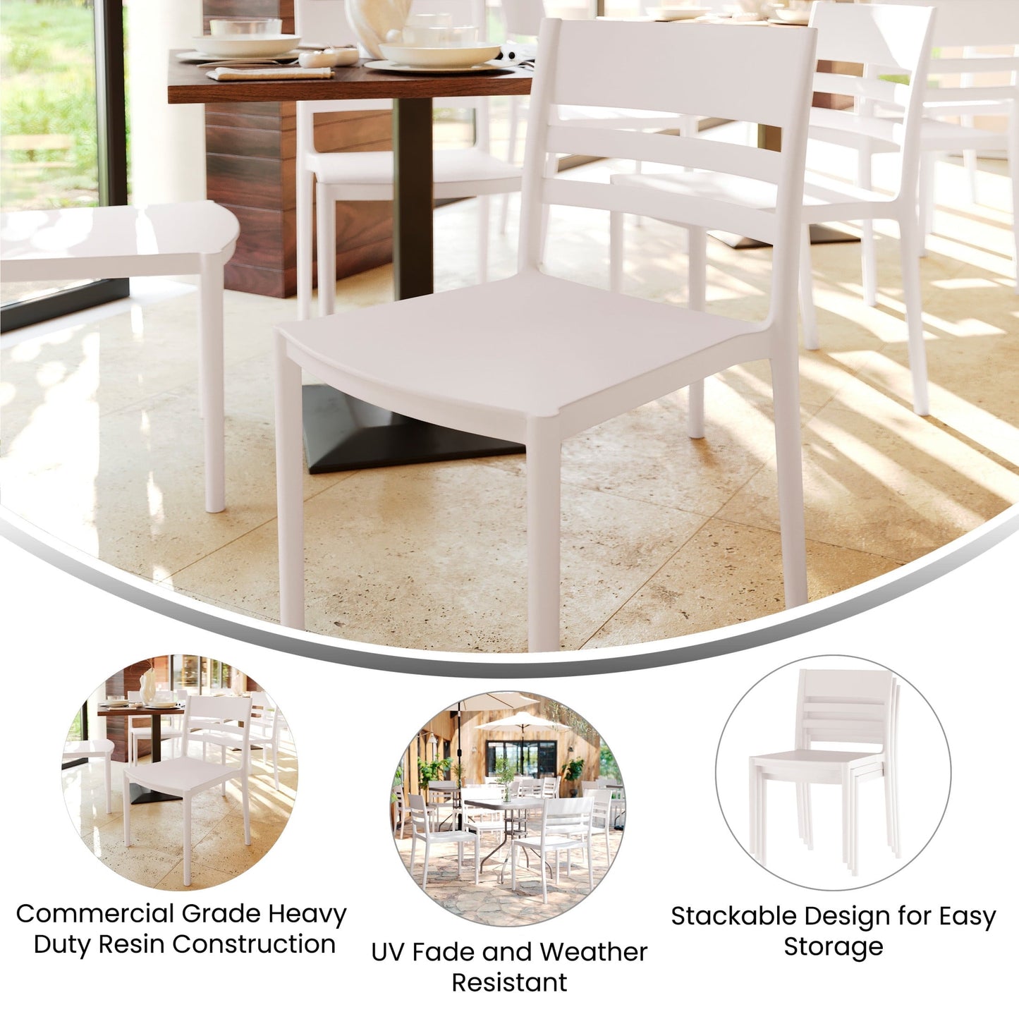 Flash Furniture Indoor-Outdoor Stacking Patio Chair with Slatted Backrest, Commercial All-Weather Resin Chair in White