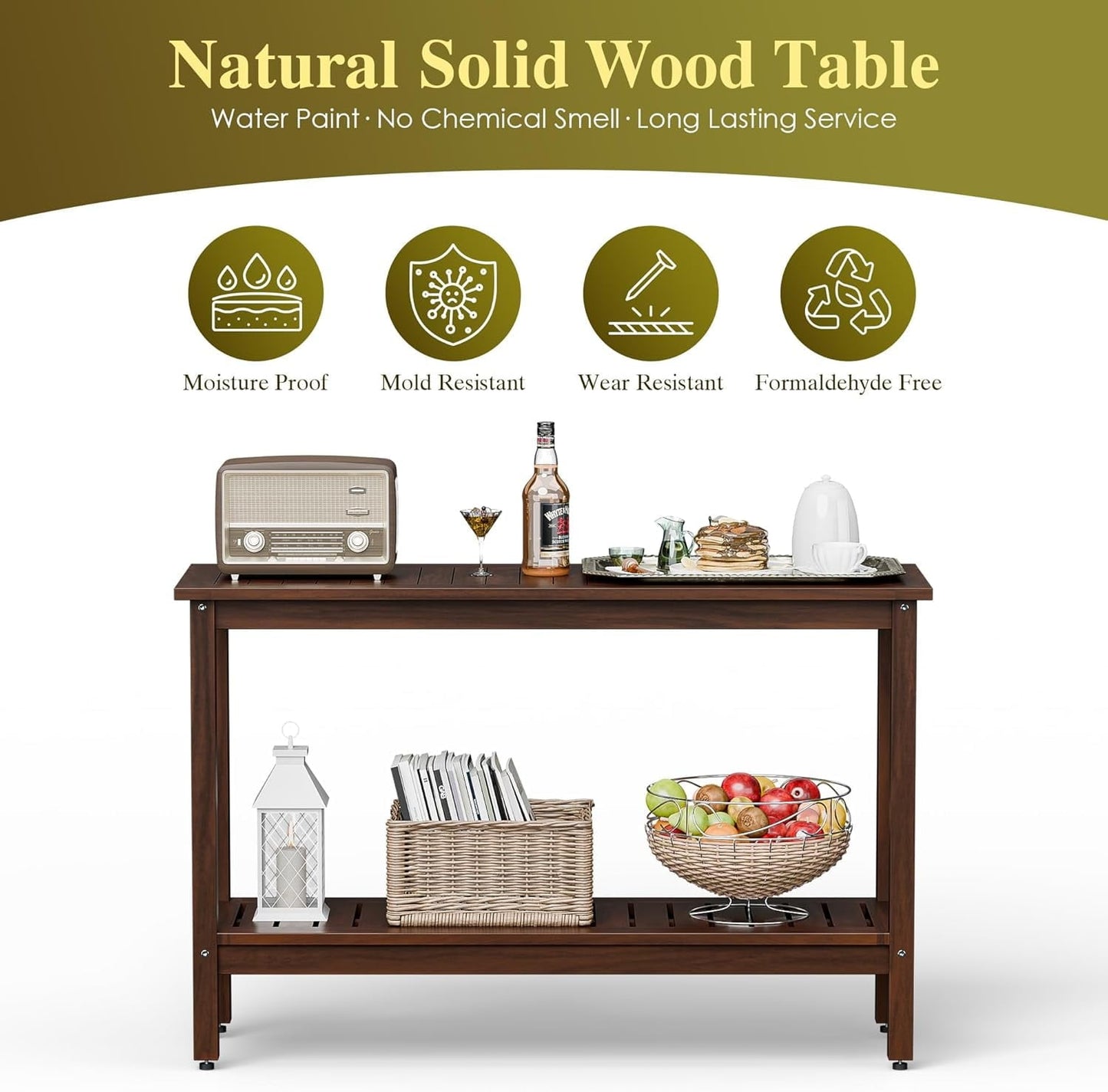 WANSHUN All-Weather Patio Bar Table Entry Console Table, 2-Shelf 48 inch Solid Wood Indoor Outdoor Buffet Storage Organizer with Adjustable Feet, Espresso