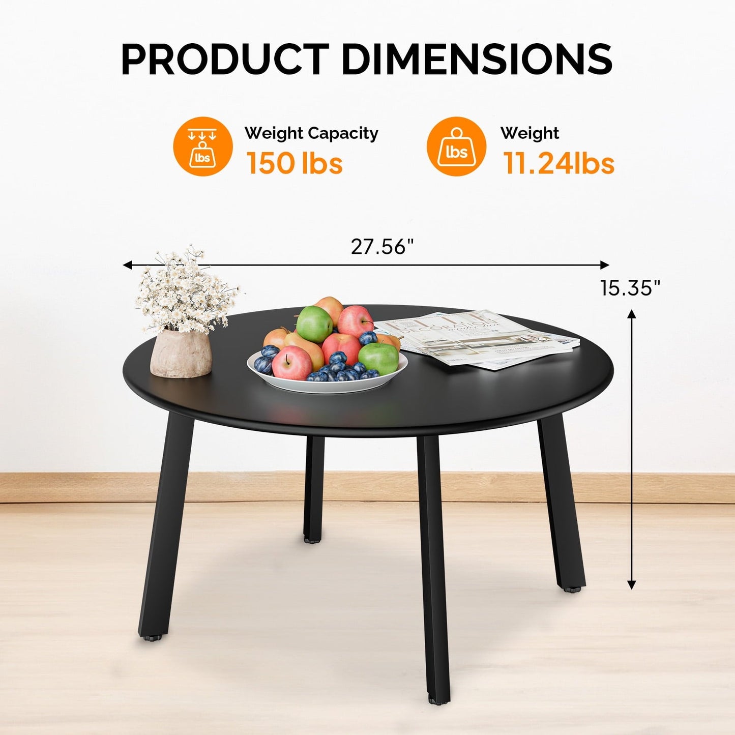 XIlee Patio Coffee Table, 28" Metal Steel Outdoor Round Table Outdoor Side Coffee Table for Outside Patio, Black