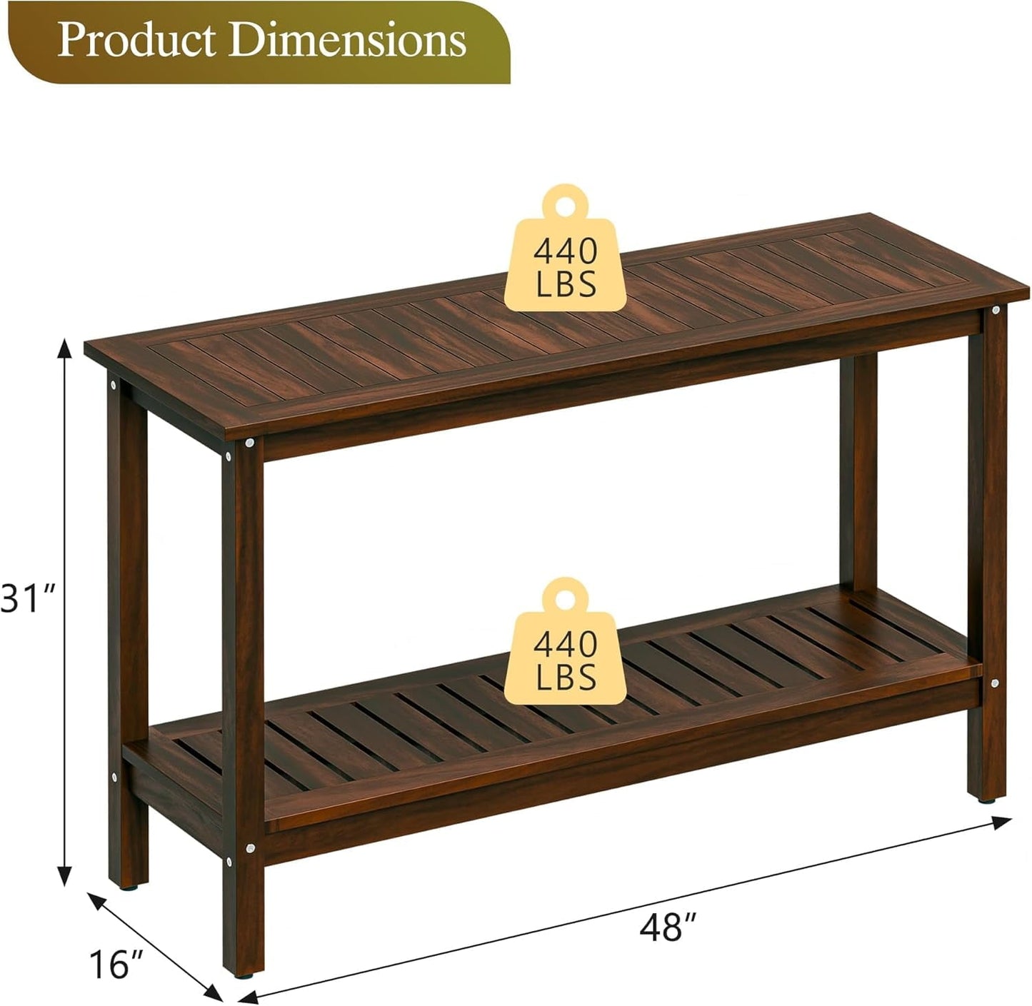 WANSHUN All-Weather Patio Bar Table Entry Console Table, 2-Shelf 48 inch Solid Wood Indoor Outdoor Buffet Storage Organizer with Adjustable Feet, Espresso