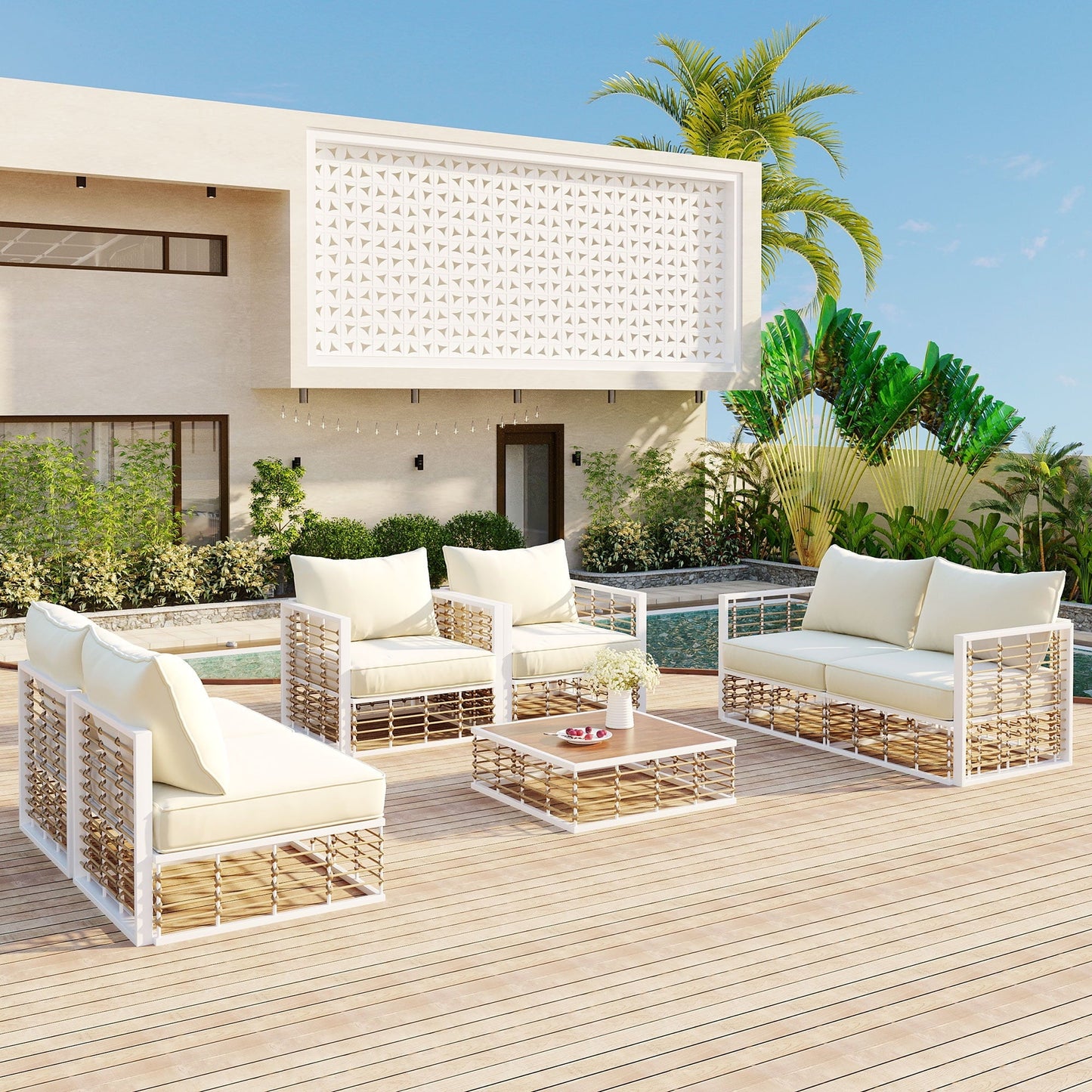 Olurrisa 7-Piece Metal Patio Sectional Sofa Set, All-Weather Garden Conversational Furniture Set with Thick Cushions and Coffee Table Modern Minimalist for Indoor Outdoor, White