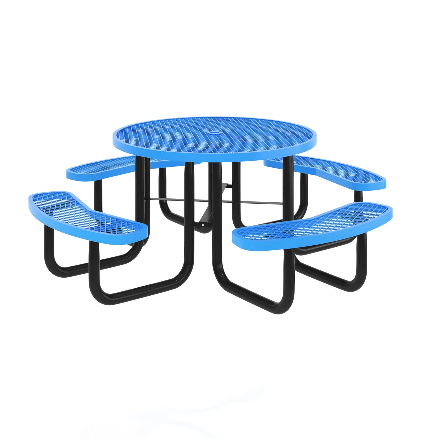 Flash Furniture 46" Round Outdoor Picnic Table with Commercial Heavy Gauge Expanded Metal Mesh Seats and Top with Umbrella Hole, Steel Frame, Blue