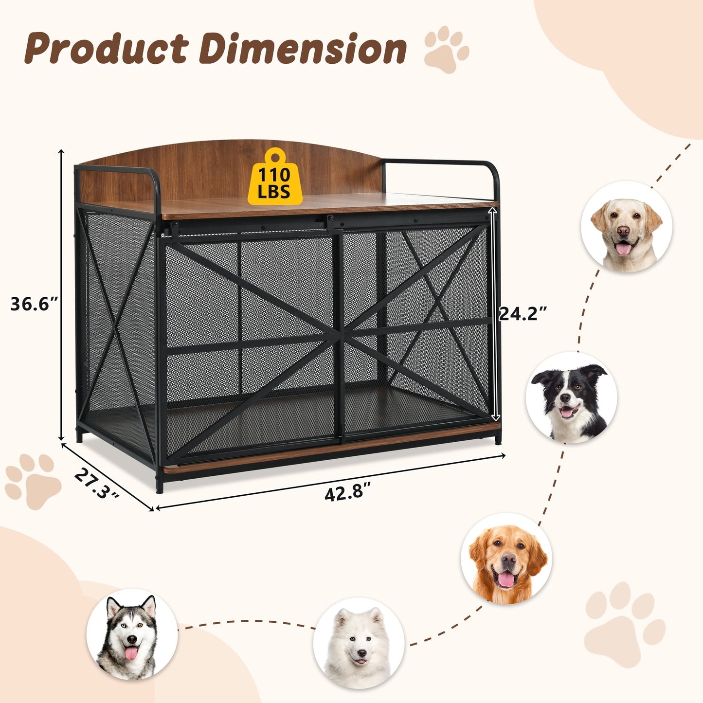 Noaman 42.8" Heavy Duty Farmhouse Dog Crate Furniture, Wooden Indoor Kennel & End Table for Large Dogs, Brown, Supports Up to 110lbs