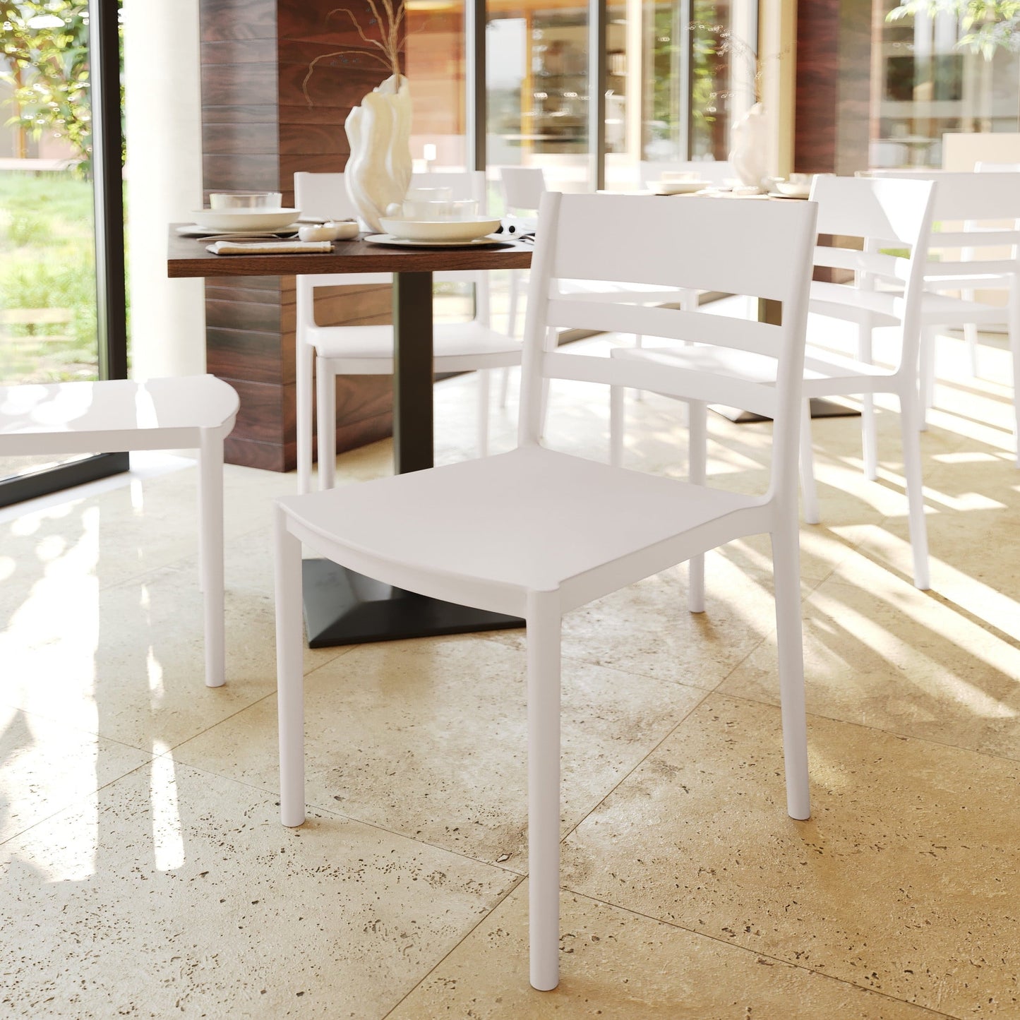 Flash Furniture Indoor-Outdoor Stacking Patio Chair with Slatted Backrest, Commercial All-Weather Resin Chair in White