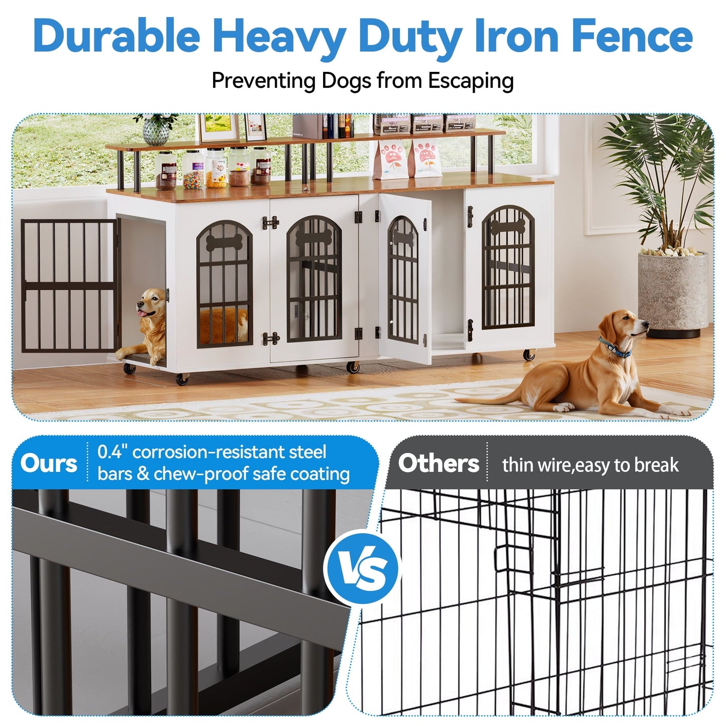 Behost 71" Double Dog Crate with Removable Divider Double Doors Wheels and Bone Shaped Nameplate for Large Dogs Industrial Brown