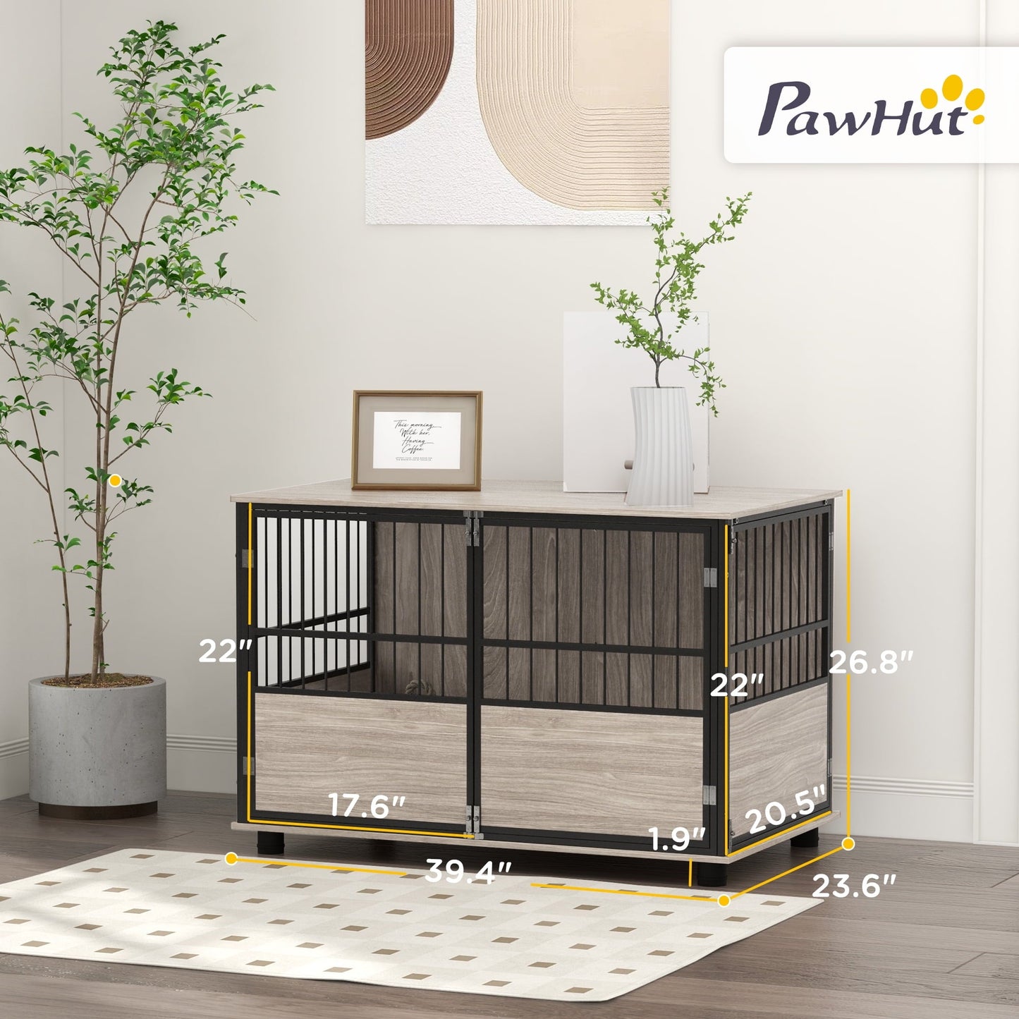 Noaman PawHut 39.5" Wooden Dog Crate Furniture End Table, Brown Indoor Pet House with 3 Doors for Small to Large Dogs, Multi-Functional Kennel & Side Table