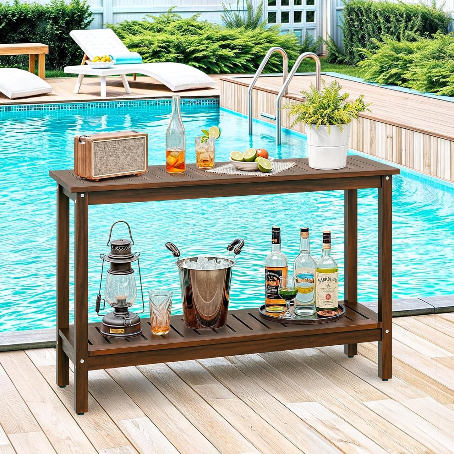 WANSHUN All-Weather Patio Bar Table Entry Console Table, 2-Shelf 48 inch Solid Wood Indoor Outdoor Buffet Storage Organizer with Adjustable Feet, Espresso