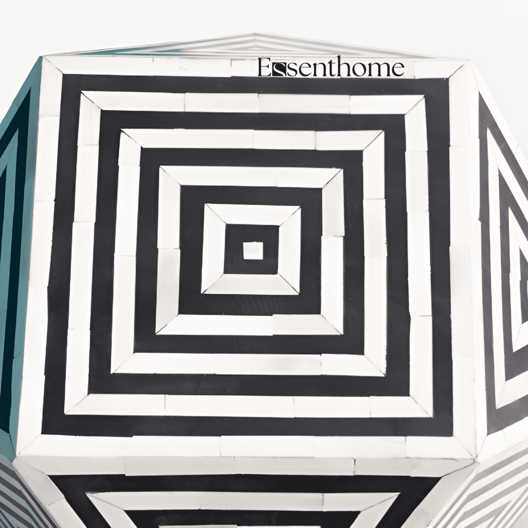 Abstract Pattern Bone Inlay End Table – Compact Resin Accent Table – Handcrafted Side Table for Living Room or Bedroom