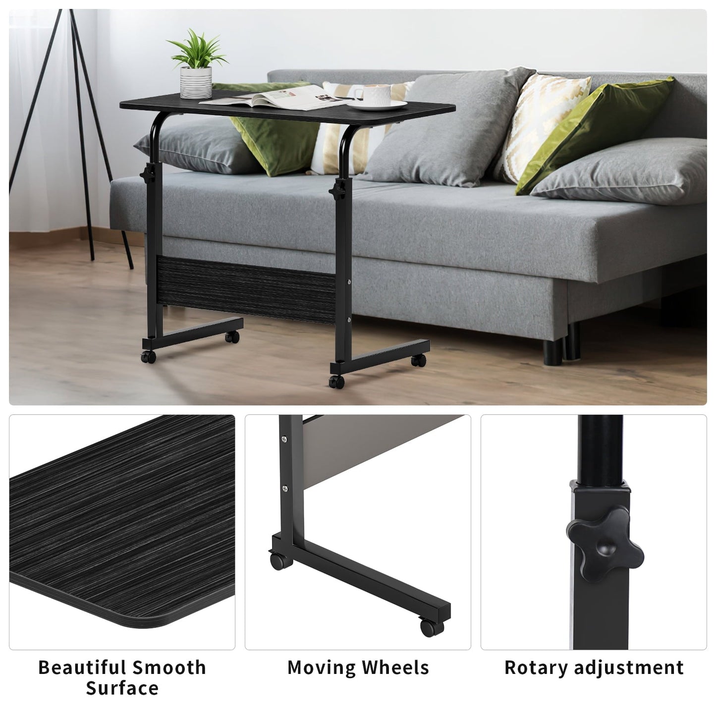 ZephyPaws Height Adjustable Sofa Side C Shape Table，Removable P2 15MM Chipboard & Steel Side Table with Baffle Black