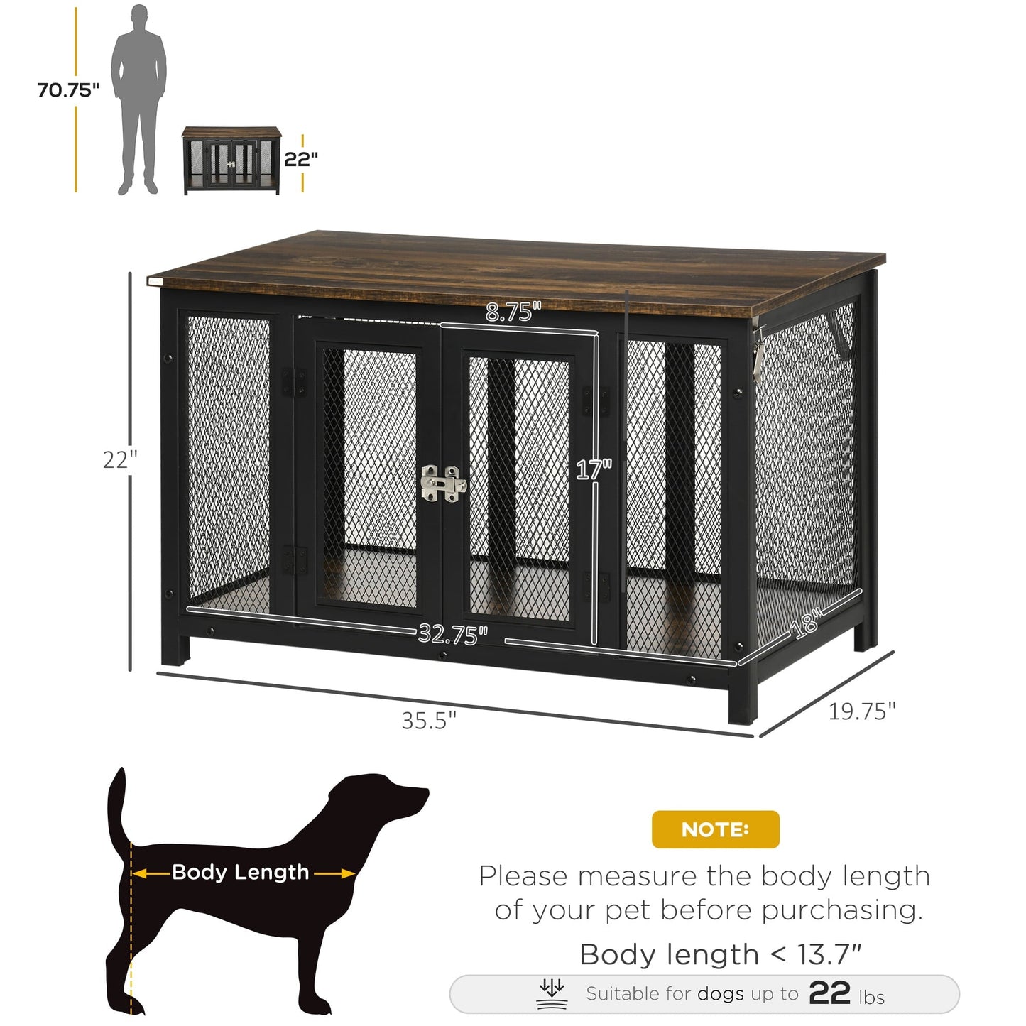 Noaman Furniture Style Dog Crate with Openable Top, 35.5" L x 19.8" W x 22" H, End Table Pet Kennel for Small Dogs Indoor, Spacious Interior, Brown