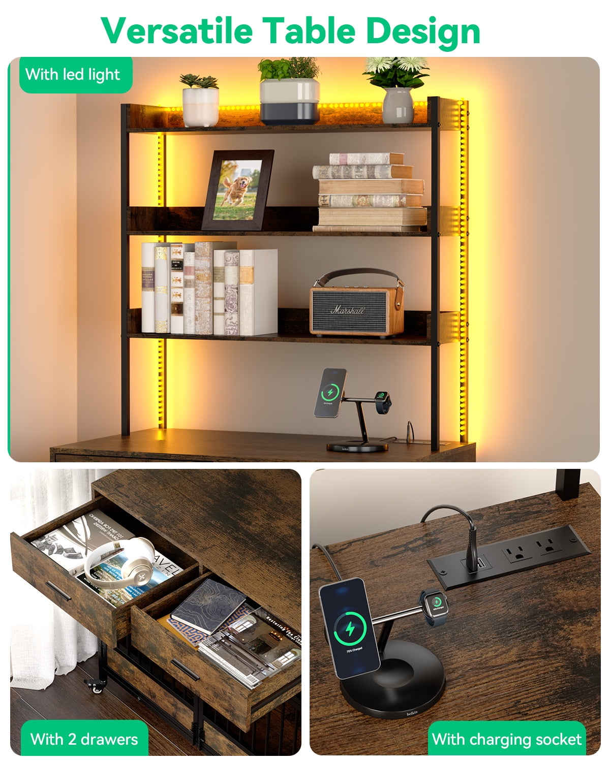 Behost 70.8" Large Dog Crate with 3 Tier Shelves Power Outlet LED Light Adjustable Feet and Wheels Bone Shaped Nameplate Rustic Brown