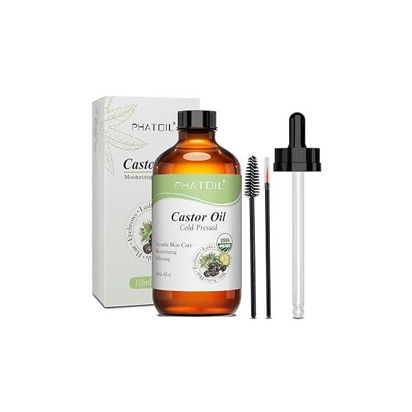 Organic Cold Pressed Castor Oil, 118 ml (4 fl.oz) Glass Bottle, USDA Certified Organic, Rich in Omega Fatty Acids, Ideal for Hair Growth, Eyebrows, Lashes, and Skin Care