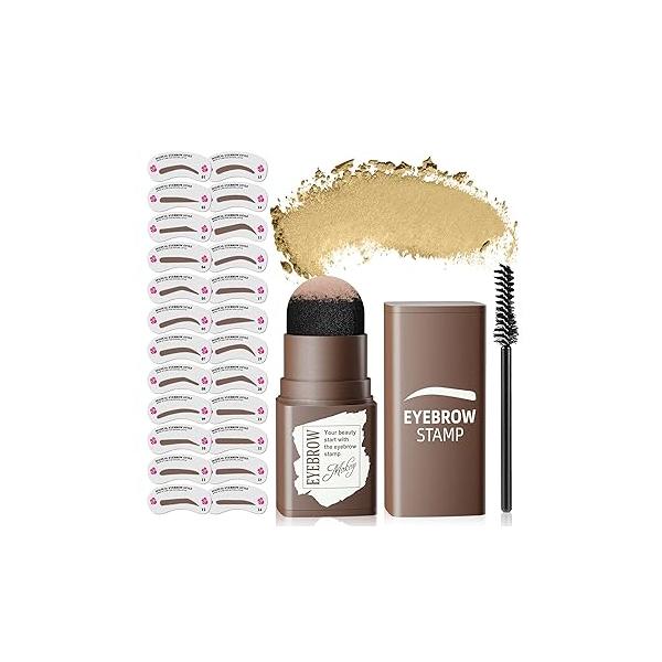 Eyebrow Stamp Stencil Kit - Long-Lasting Powder with Blush, Waterproof & Smudge-Proof Brow Shaping 24 Reusable Thin Thick Stencils for Voluminous (Dark Brown)