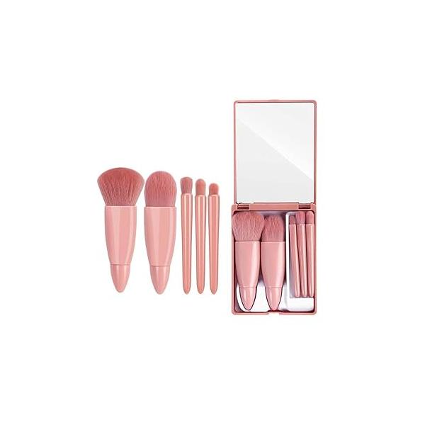 Easy-taken Travel Makeup Brush Set, COSHINE 5pcs Mini Complete Function Cosmetic Brushes Kit (5pcs with mirror)
