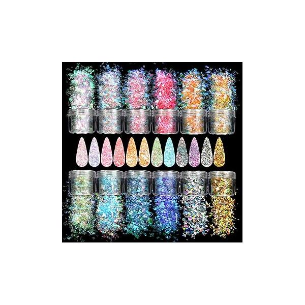Allstarry 12 Colors Mermaid Nail Chunky Glitter Ultra-Thin Fluorescent Glass Paper Irregular Iridescent Sequin Flakes Glitters Sticker for Nails Art Decoration Hair Eyes Face Body DIY Craft