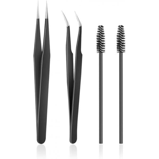 Stainless Steel Eyelash Extension Tweezers (Straight & Curved Tip) Brushes (4PCS, Black) for Applications