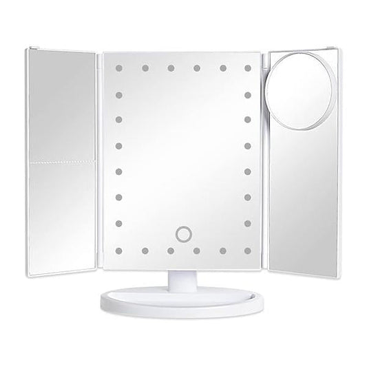 Tri-fold Vanity Mirror Light with 10x Magnetic Small Lens, 1X/2X/3X Magnification, Touch Control, Foldable, Dual Power Supply, Detachable LED Mirror, Travel Portable, Gift for Women