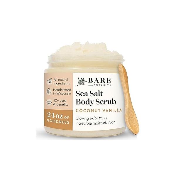 Bare Botanics Coconut Vanilla Body Scrub 24oz | Made in Madison, WI All Natural Sea Salt Exfoliator w/ Skin Loving Moisturizers Vegan & Cruelty Free Gift Ready Packaging a Cute Wooden Spoon