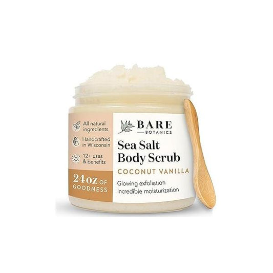 Bare Botanics Coconut Vanilla Body Scrub 24oz | Made in Madison, WI All Natural Sea Salt Exfoliator w/ Skin Loving Moisturizers Vegan & Cruelty Free Gift Ready Packaging a Cute Wooden Spoon