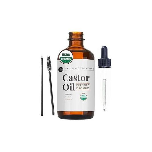 Kate Blanc Cosmetics Castor Oil Organic (2oz), 100% Pure, Cold Pressed, Hexane Free. Natural for Hair, Eyelashes, Eyebrows. Skin Moisturizer with Starter Kit