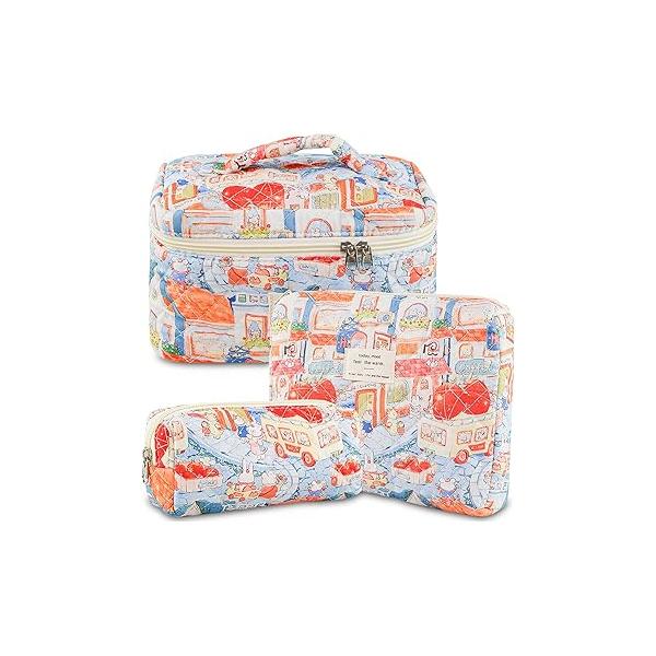 Makeup Bag, 3 PCS Quilted Cute Floral Cotton Cosmetic Bag set, Coquette Pouch Large Travel Toiletry