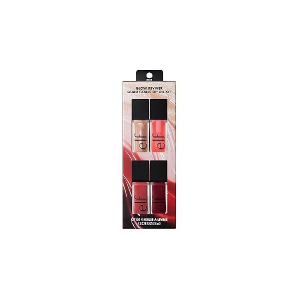 e.l.f. Glow Reviver Quad Goals Lip Oil Kit, Gloss For A High-Gloss Finish & Sheer Wash Of Color, Non-Sticky, Vegan Cruelty-Free, 4 Glosses