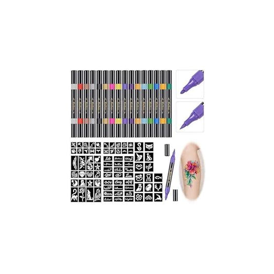 Temporary Tattoo Markers for Skin | Dual-End 16-Count Body + 72 Large Stencils tattoos Adults and Kids Flexible Brush Tip, Bright colors, Skin-Safe*, Cosmetic-Grade