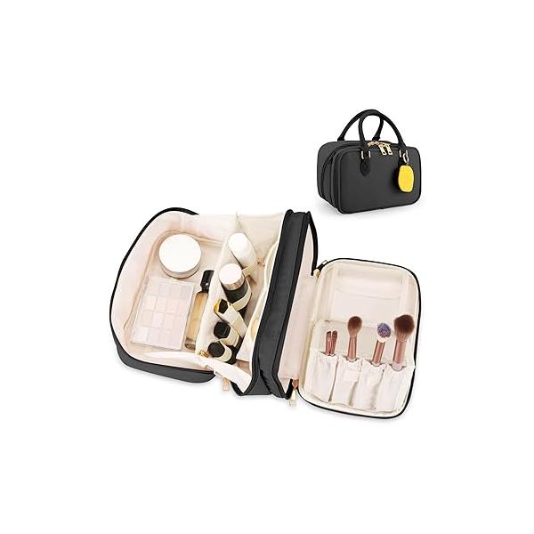 Travel Makeup Bag for Women Fashion Large Capacity Pouch Open Flat Cosmetic Portable Organizer Waterproof Opening Storage Toiletry Bags Vertical Free-Standing Brush Holder Easy Access Black