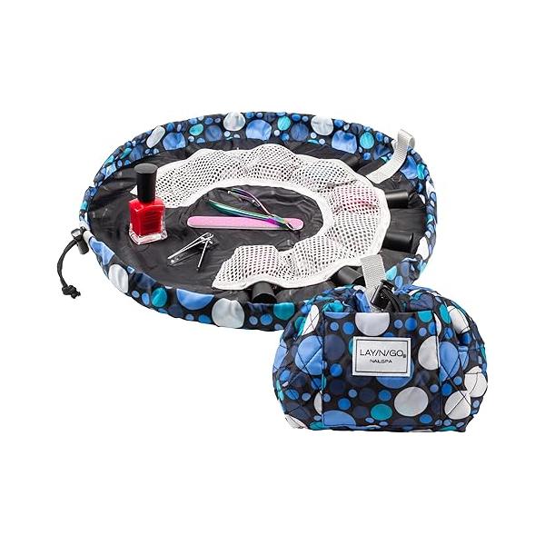 Lay-n-Go NailSpa Drawstring Cosmetic Bag - Portable Nail Supplies Organizer w/ 8 Elastic Mesh Pockets & Circular Center Durable, Machine Washable Kit (18", Blue Polka Dot)