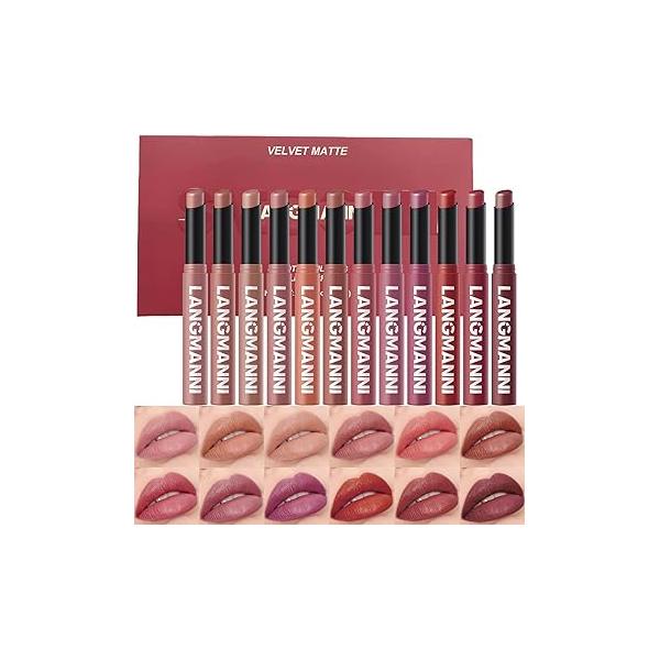 Jolilab 12Pcs Velvet Matte Lipstick Nude Soft Dark Color Stick High Pigmented Long-Lasting Waterproof Lip Balm Beauty Cosmetics Gift for Girls and Women(01#-12#)
