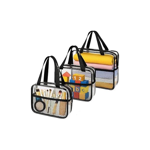 XEWEA Clear Travel Toiletry Bags, 3 Pack TSA Approved Transparent Makeup Bag for Men Women, Large Waterproof PVC Quart Organizer with Zipper Toiletries Airline Essential,Toy Storage Pouch Purple
