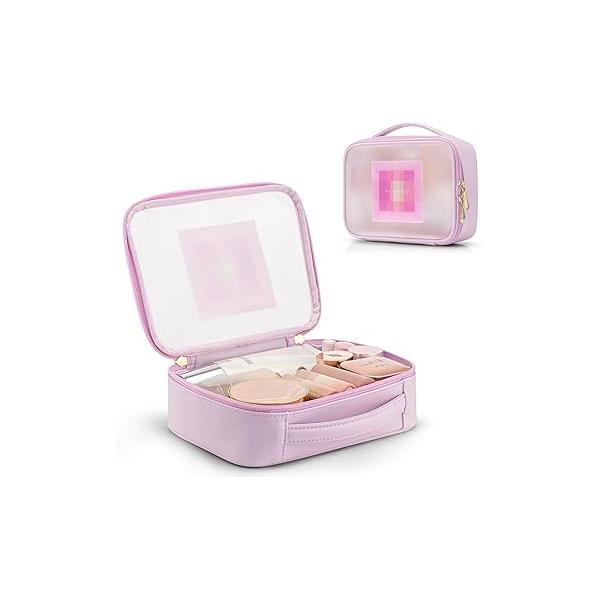 Vlando Travel Makeup Bag,Cute Makep Bag for Teen Clear Toiletry Women Graduation Girls Birthday Gifts Make up with Zipper and Handle Portable Case-Blue