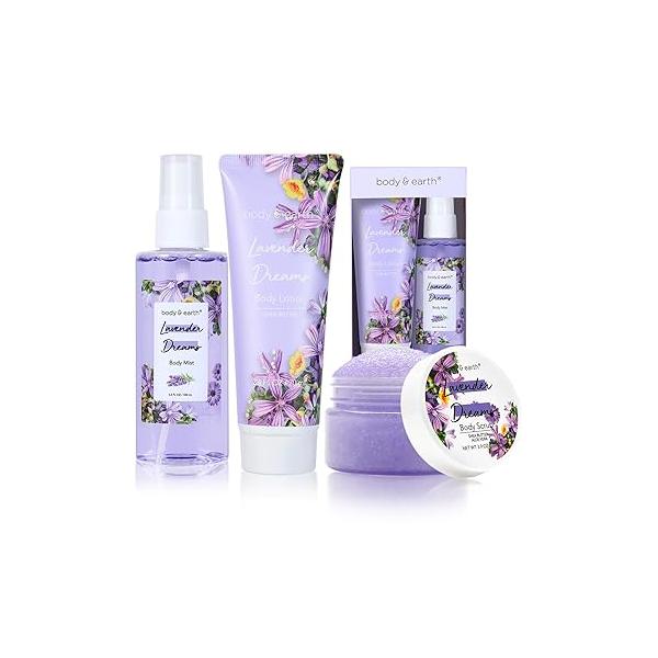 BODY & EARTH Body Mist Gift Set - Spa Gifts for Women, Perfume, Lotion, and Scrub in a Lavender Dreams Box- Perfect Birthday Moms, Special Occasions,Unique Ideas Her