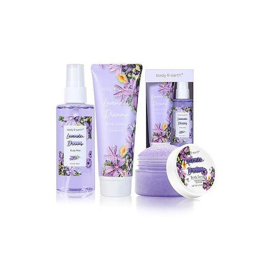 BODY & EARTH Body Mist Gift Set - Spa Gifts for Women, Perfume, Lotion, and Scrub in a Lavender Dreams Box- Perfect Birthday Moms, Special Occasions,Unique Ideas Her