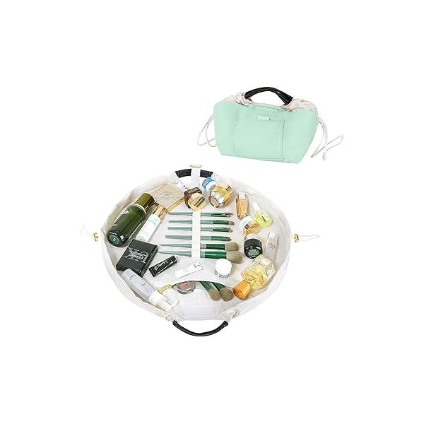 Vomgomfom 20 inch Drawstring Makeup Bag Open Flat,Waterproof Magic Cosmetic Pouch for Women,Pink